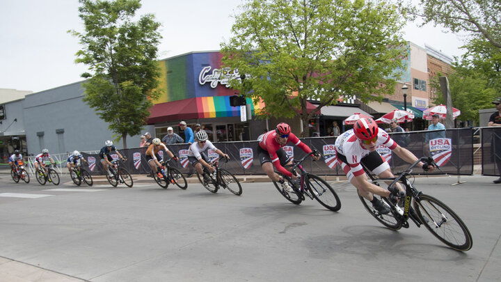 John Borstelmann, a junior chemistry major from Lincoln, leads the pack during a race at the USA Cycling Collegiate Road National Championships, May 4-6 in Grand Junction, Colorado. Borstelmann won the men's Club Division national championship.