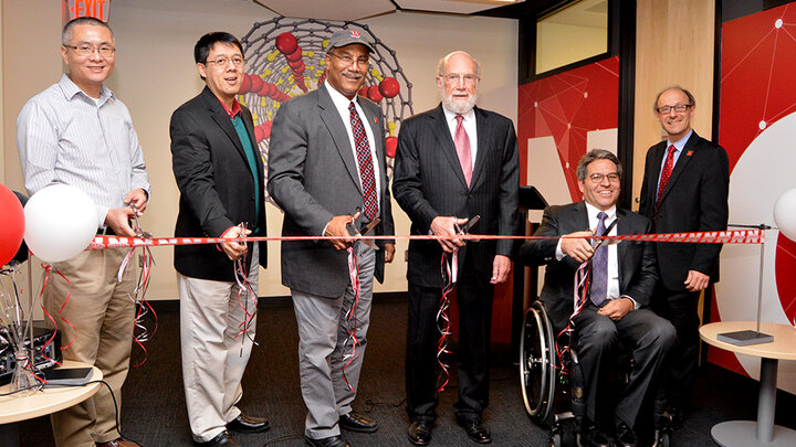 The Department of Chemistry inaugurates the new Nebraska Cluster for Computational Chemistry at a ribbon-cutting ceremony held Dec. 10. From left: Hui Li, Xiao Cheng Zeng, Joseph Francisco, Eugene Cordes, Lance Pérez and David Berkowitz.